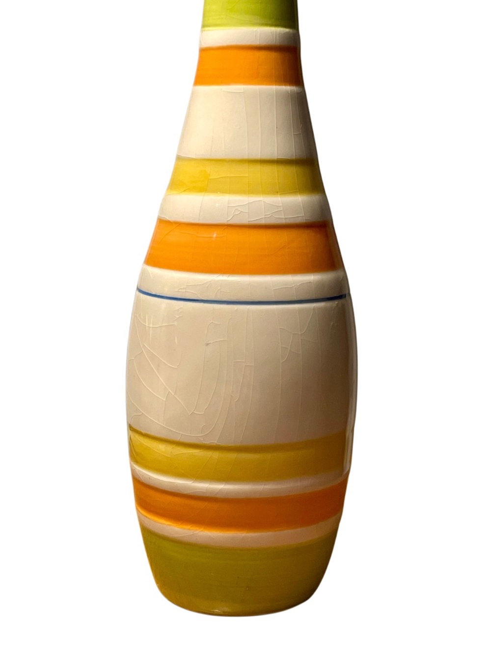 VTG MCM MULTI STRIPE CERAMIC VASE 9.75” Bright  ORANGE YELLOW RAISED BANDS RARE
